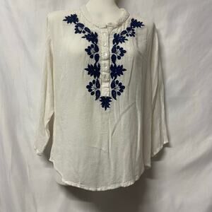Bohemian Café Blouse Top White Embroidered Size S Tie Front Boho Hippie